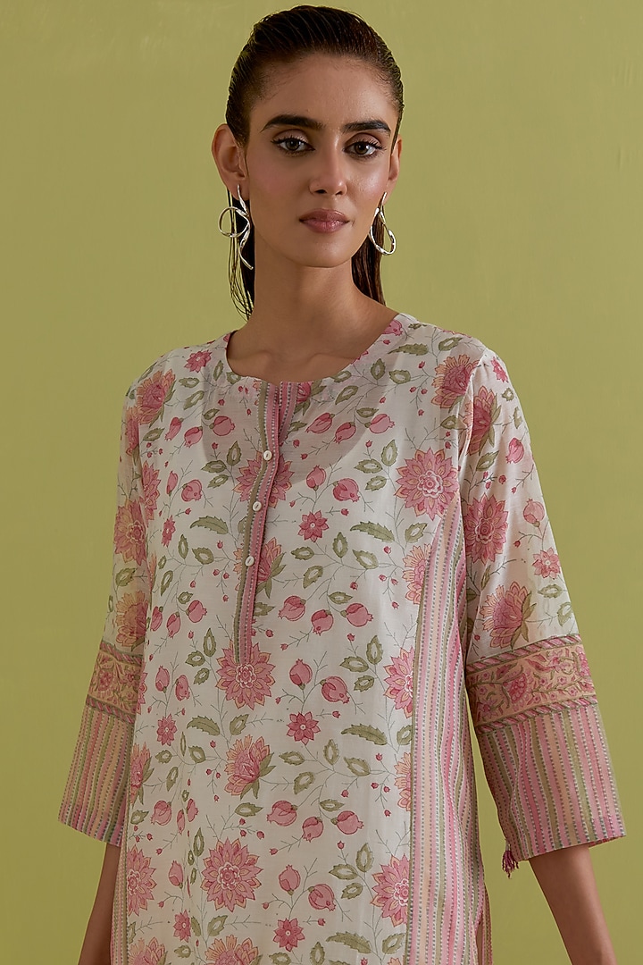 Off-White Cotton Chanderi Hand-Block Printed Kurta Set by Kora at Pernia's Pop Up Shop