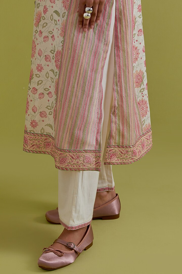 Off-White Cotton Chanderi Hand-Block Printed Kurta Set by Kora at Pernia's Pop Up Shop