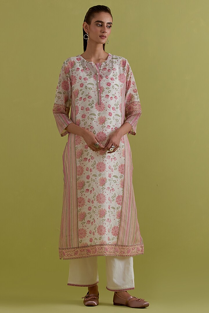 Off-White Cotton Chanderi Hand-Block Printed Kurta Set by Kora at Pernia's Pop Up Shop