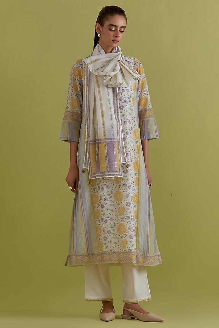 Off-White Cotton Chanderi Hand-Block Printed Kurta Set by Kora at Pernia's Pop Up Shop