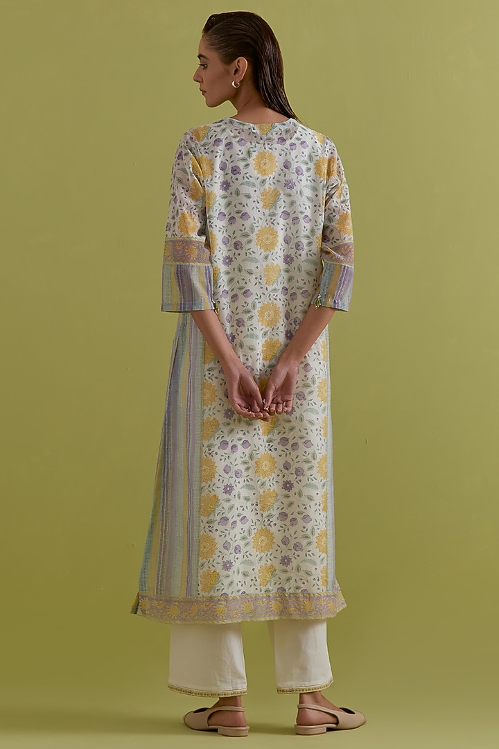 Off-White Cotton Chanderi Hand-Block Printed Kurta Set by Kora at Pernia's Pop Up Shop