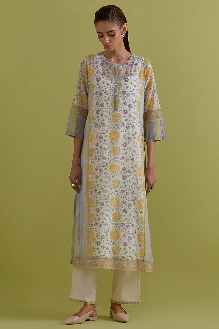 Off-White Cotton Chanderi Hand-Block Printed Kurta Set by Kora at Pernia's Pop Up Shop