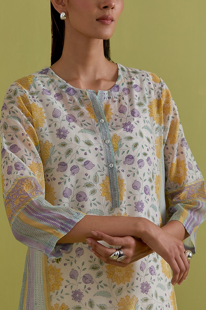 Off-White Cotton Chanderi Hand-Block Printed Kurta Set by Kora at Pernia's Pop Up Shop