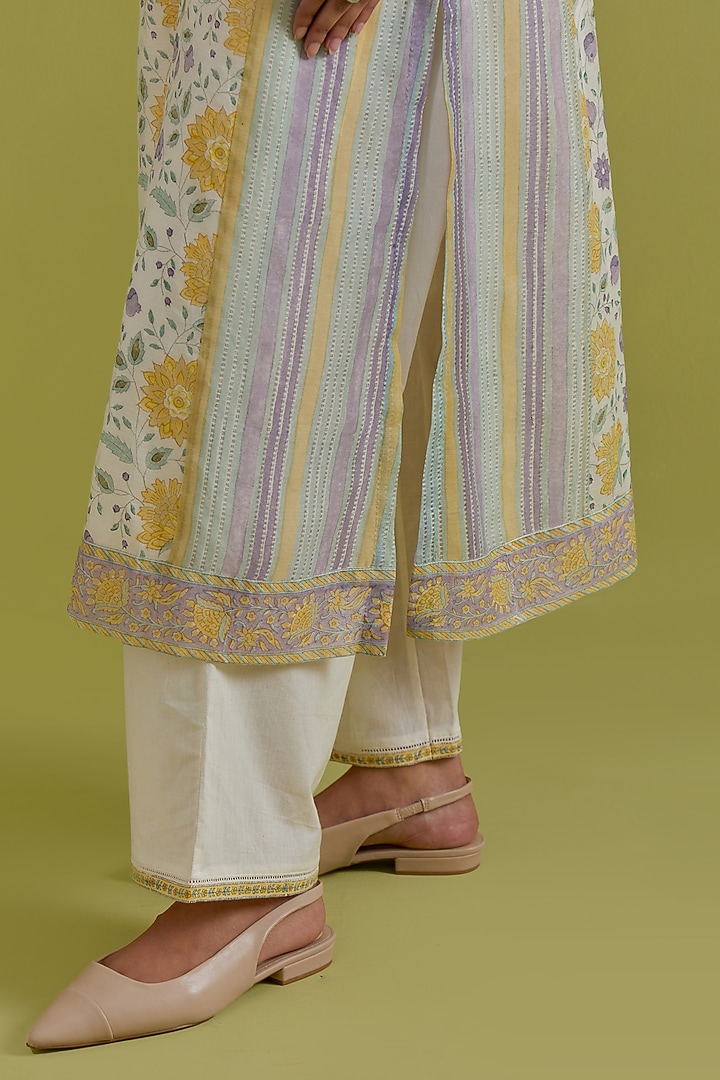 Off-White Cotton Chanderi Hand-Block Printed Kurta Set by Kora at Pernia's Pop Up Shop