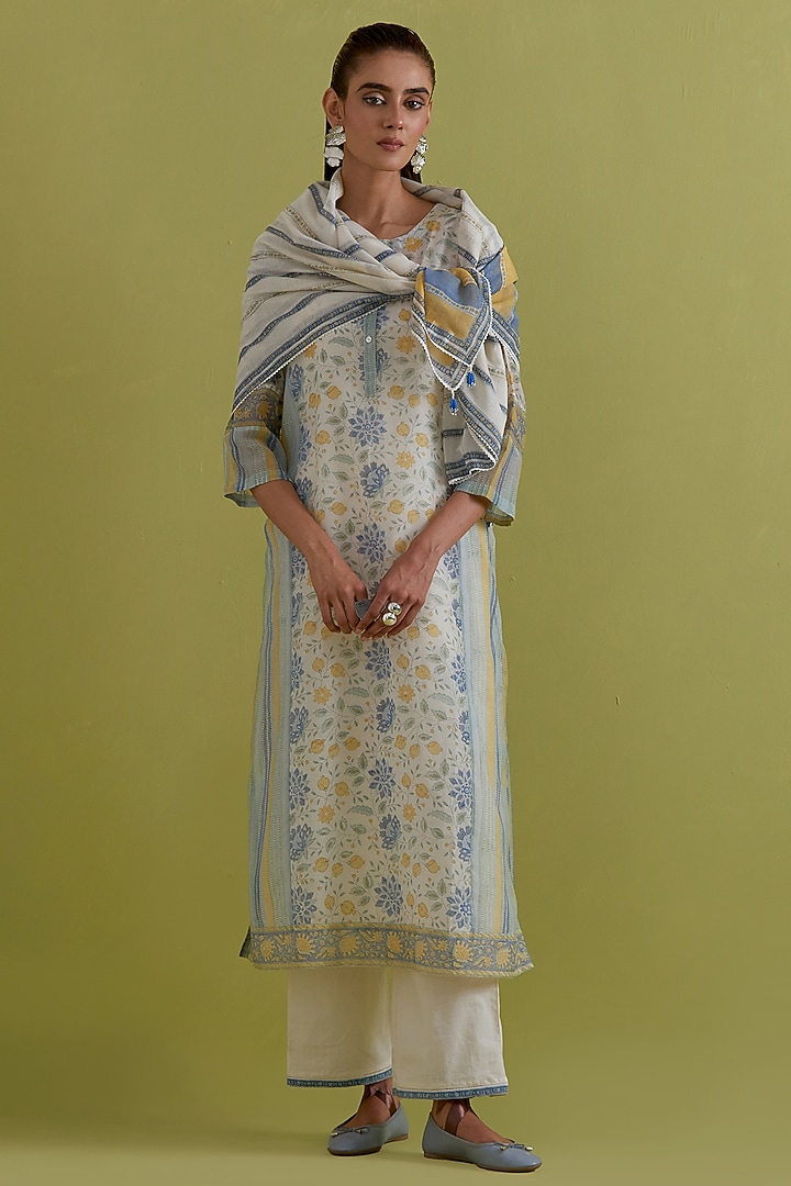 Off-White Cotton Chanderi Hand-Block Printed Kurta Set by Kora at Pernia's Pop Up Shop