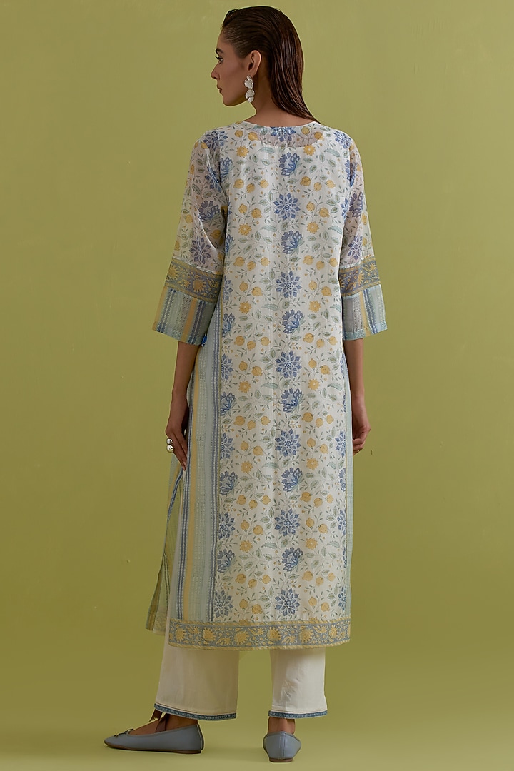 Off-White Cotton Chanderi Hand-Block Printed Kurta Set by Kora at Pernia's Pop Up Shop