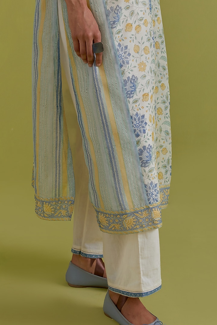 Off-White Cotton Chanderi Hand-Block Printed Kurta Set by Kora at Pernia's Pop Up Shop