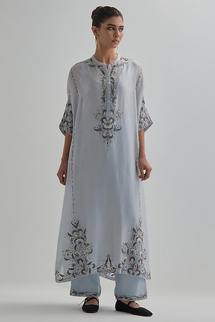 Blue Silk Chanderi Sequins Embroidered Kaftan Set by Kora at Pernia's Pop Up Shop