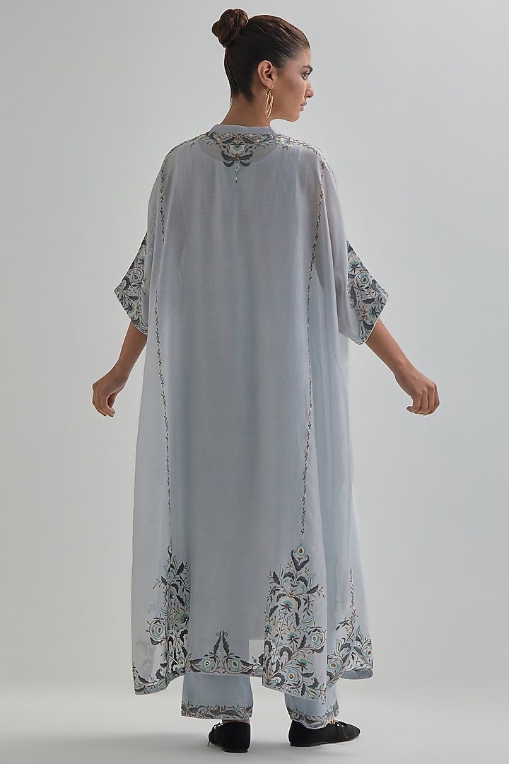 Blue Silk Chanderi Sequins Embroidered Kaftan Set by Kora at Pernia's Pop Up Shop