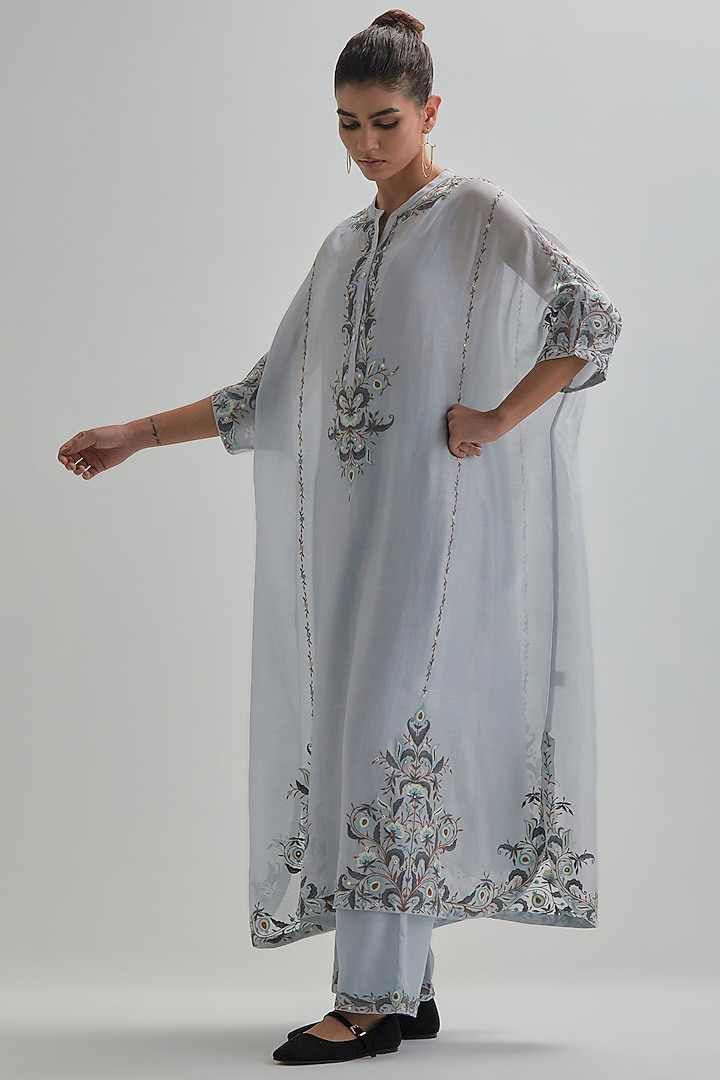 Blue Silk Chanderi Sequins Embroidered Kaftan Set by Kora at Pernia's Pop Up Shop