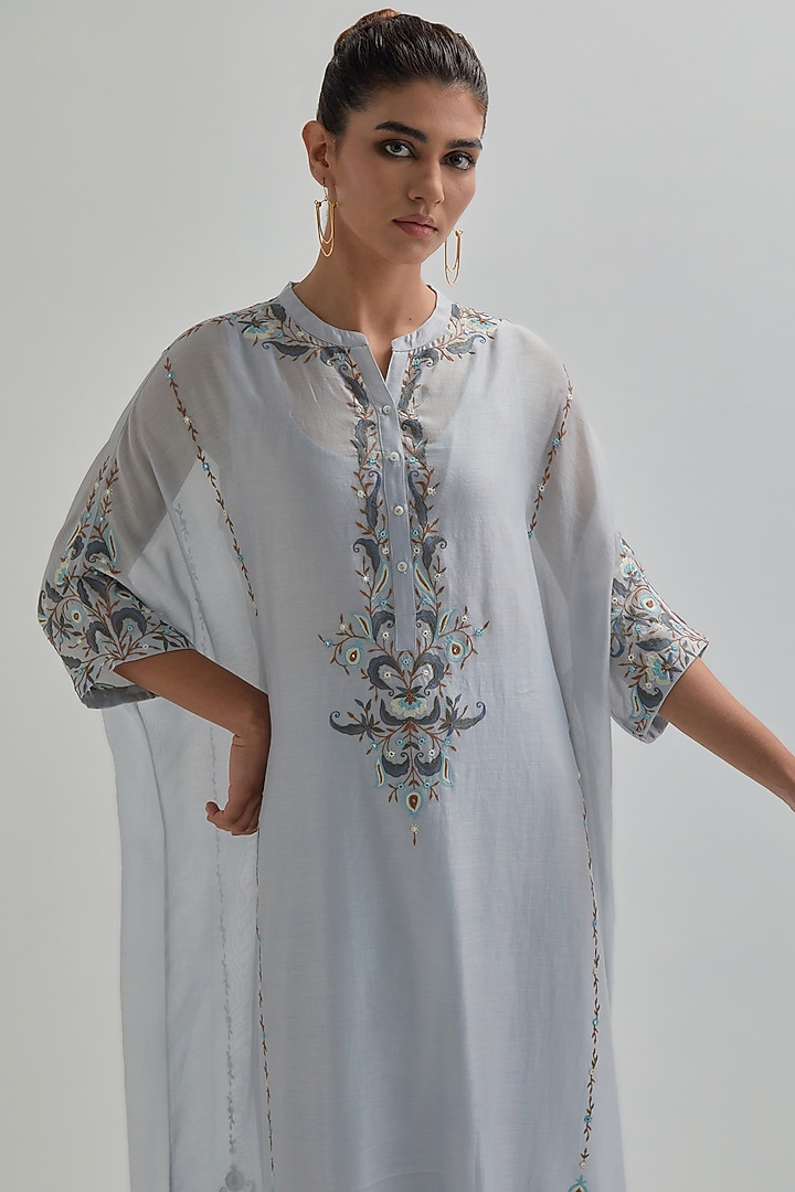 Blue Silk Chanderi Sequins Embroidered Kaftan Set by Kora at Pernia's Pop Up Shop