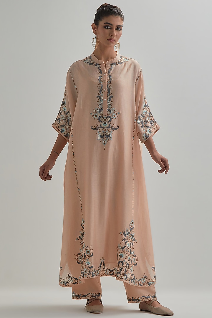 Pink Silk Chanderi Sequins Embroidered Kaftan Set by Kora at Pernia's Pop Up Shop