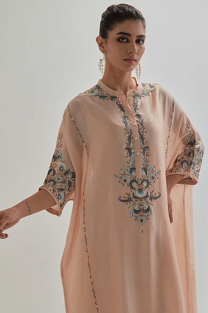 Pink Silk Chanderi Sequins Embroidered Kaftan Set by Kora at Pernia's Pop Up Shop