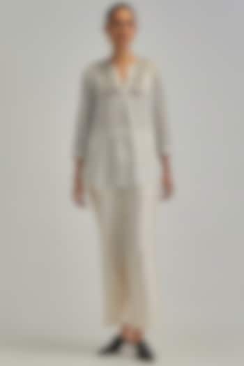 Off-White Modal Striped Printed & Mirror Work Co-Ord Set by Kora at Pernia's Pop Up Shop