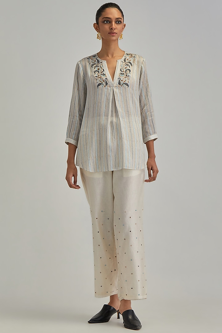 Off-White Modal Striped Printed & Mirror Work Co-Ord Set by Kora at Pernia's Pop Up Shop