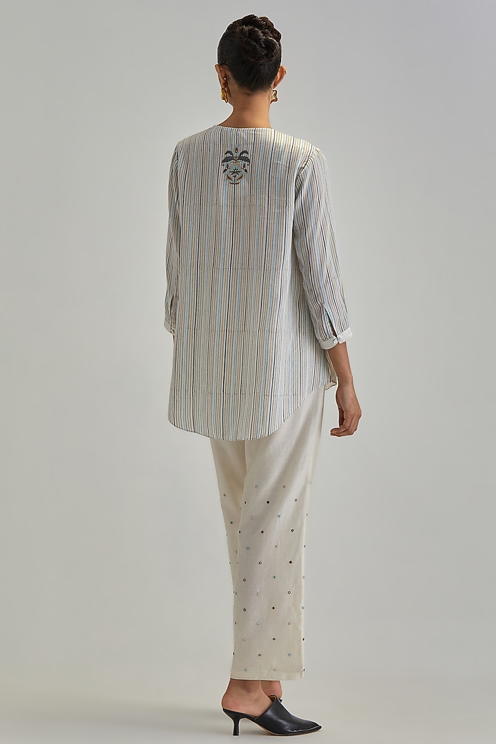 Off-White Modal Striped Printed & Mirror Work Co-Ord Set by Kora at Pernia's Pop Up Shop