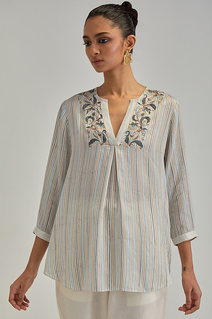 Off-White Modal Striped Printed & Mirror Work Co-Ord Set by Kora at Pernia's Pop Up Shop