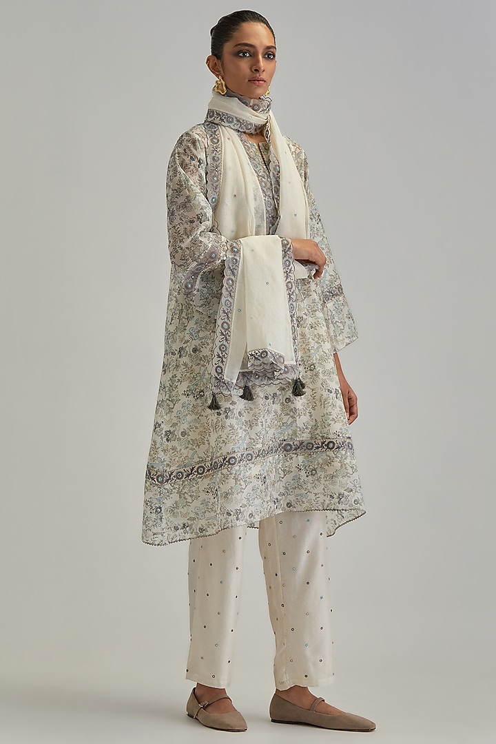 Off-White Silk Chanderi Hand Block Printed A-line Kurta Set by Kora at Pernia's Pop Up Shop