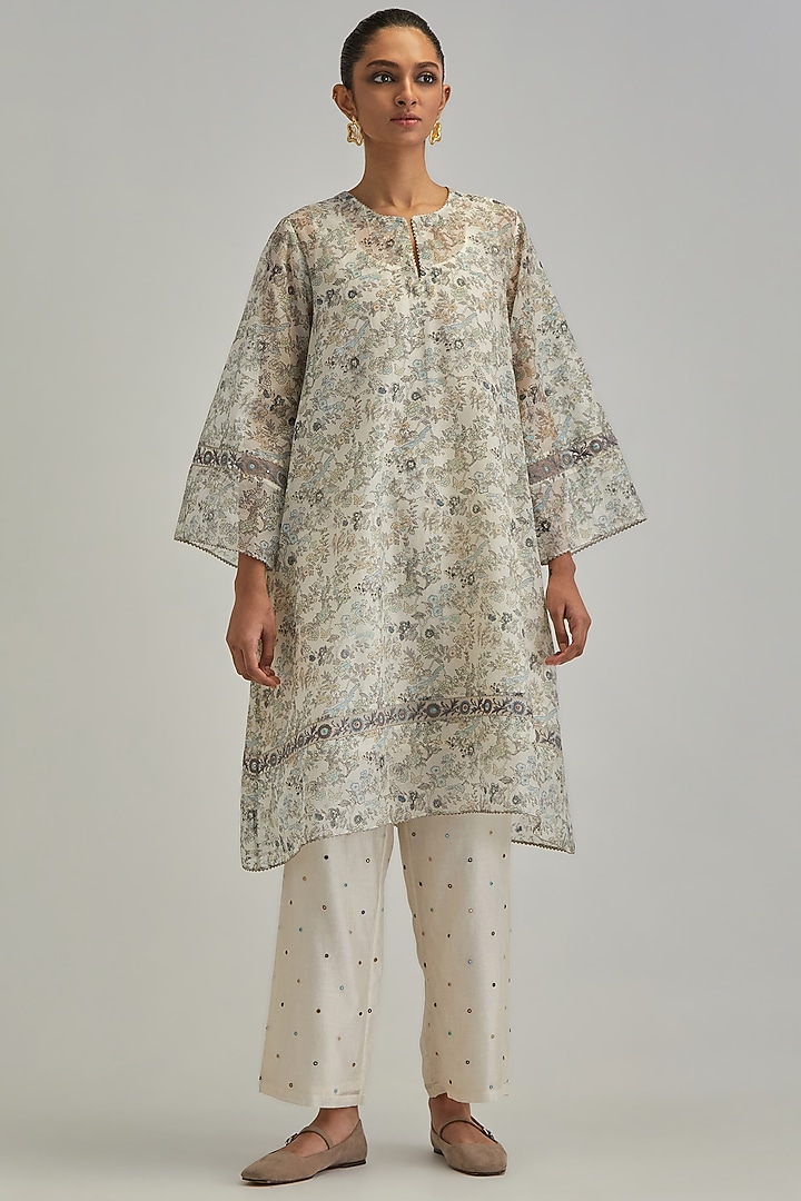 Off-White Silk Chanderi Hand Block Printed A-line Kurta Set by Kora at Pernia's Pop Up Shop