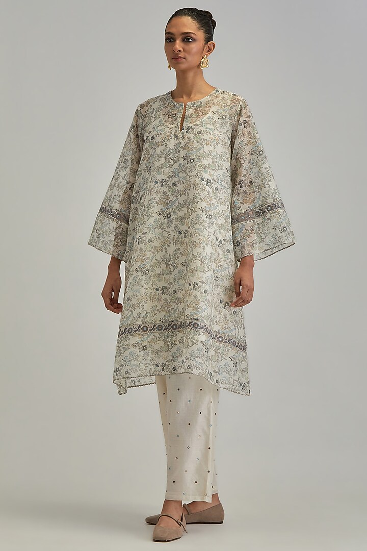 Off-White Silk Chanderi Hand Block Printed A-line Kurta Set by Kora at Pernia's Pop Up Shop