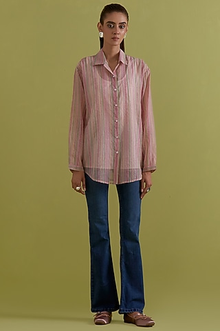 Off-White Cotton Chanderi Hand-Block Printed Shirt by Kora