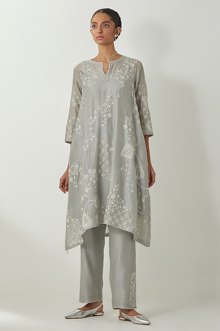 Bluish Grey Silk Chanderi Thread Embroidered Kurta Set by Kora at Pernia's Pop Up Shop