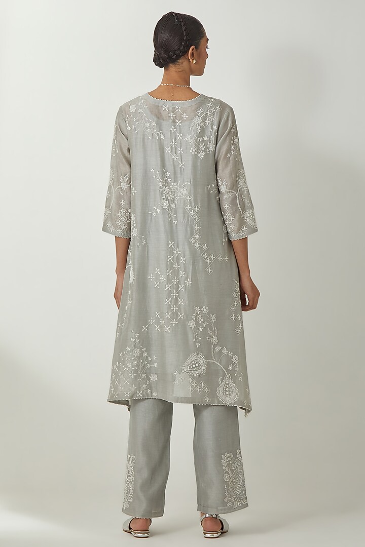 Bluish Grey Silk Chanderi Thread Embroidered Kurta Set by Kora at Pernia's Pop Up Shop