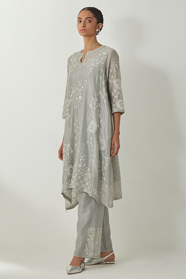 Bluish Grey Silk Chanderi Thread Embroidered Kurta Set by Kora at Pernia's Pop Up Shop