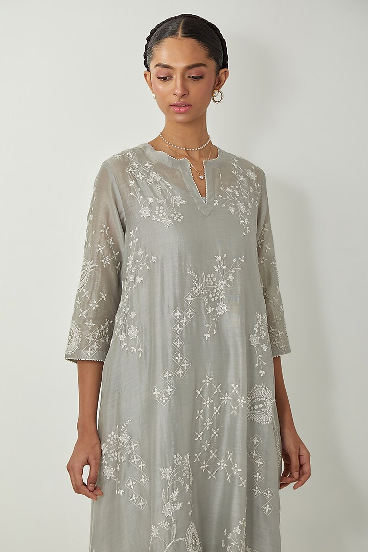 Bluish Grey Silk Chanderi Thread Embroidered Kurta Set by Kora at Pernia's Pop Up Shop