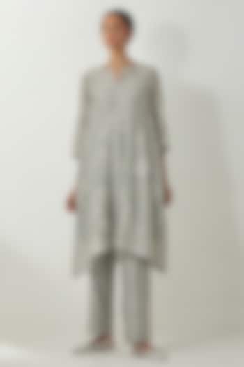 Bluish Grey Silk Chanderi Thread Embroidered Kurta Set by Kora at Pernia's Pop Up Shop