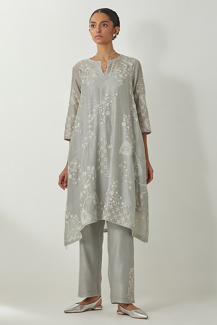 Bluish Grey Silk Chanderi Thread Embroidered Kurta Set by Kora at Pernia's Pop Up Shop
