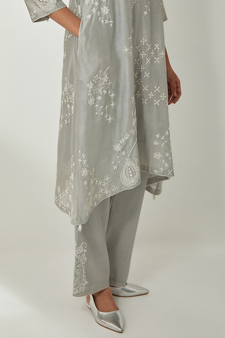 Bluish Grey Silk Chanderi Thread Embroidered Kurta Set by Kora at Pernia's Pop Up Shop
