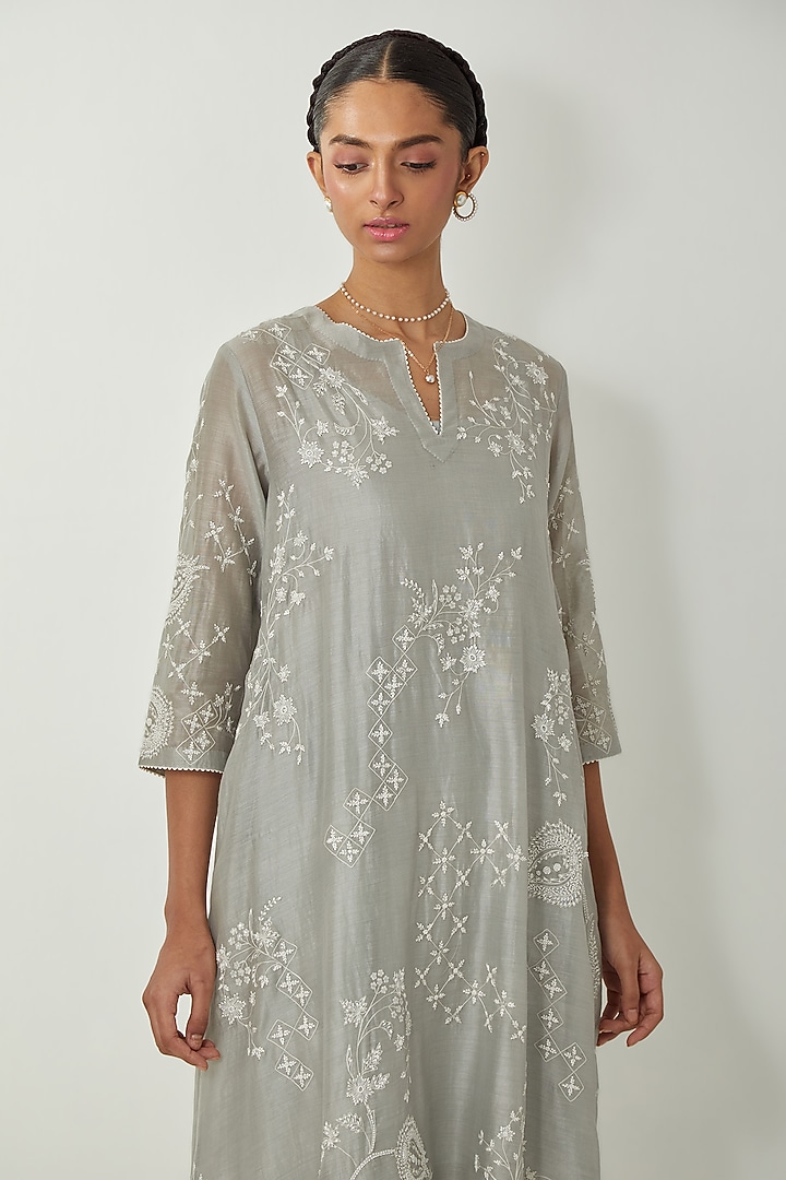 Bluish Grey Silk Chanderi Thread Embroidered Kurta Set by Kora at Pernia's Pop Up Shop