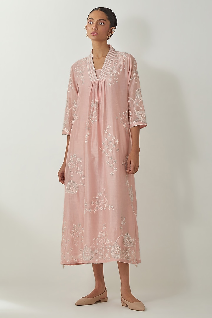 Pink Silk Chanderi Thread Embroidered Vacation Dress by Kora at Pernia's Pop Up Shop