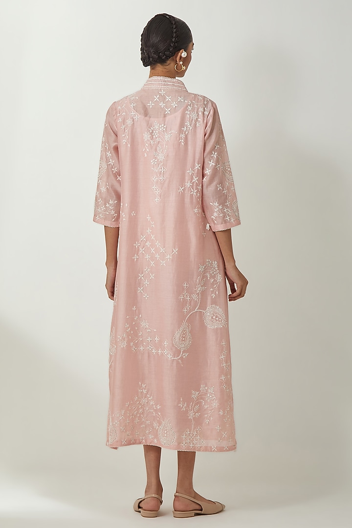 Pink Silk Chanderi Thread Embroidered Vacation Dress by Kora at Pernia's Pop Up Shop