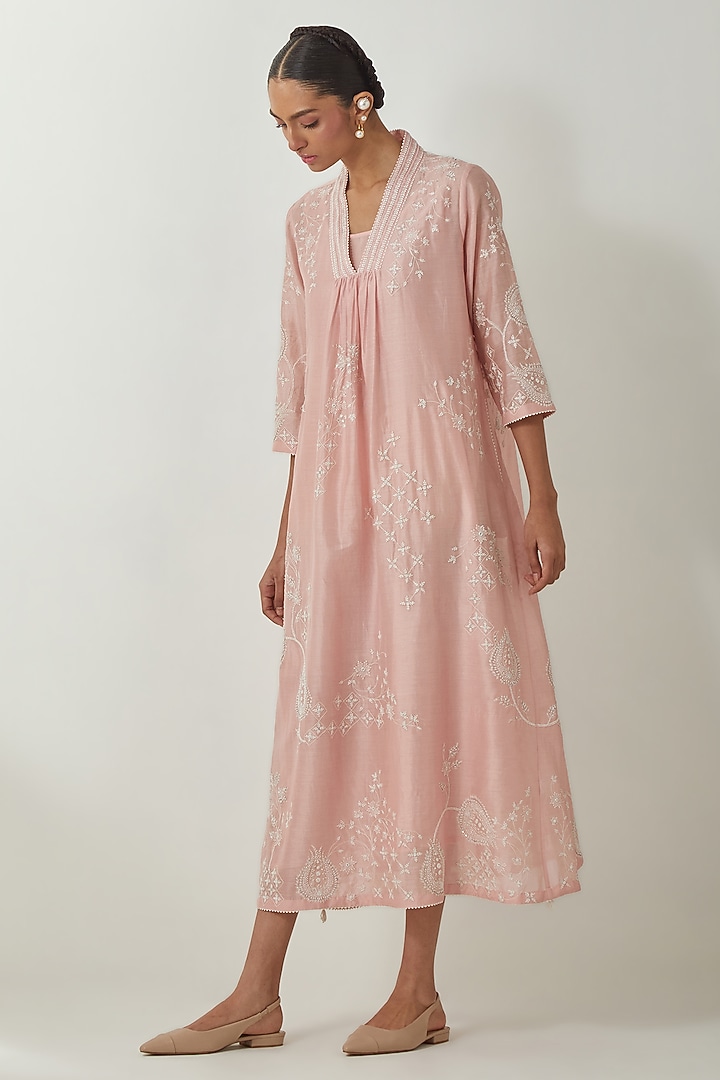 Pink Silk Chanderi Thread Embroidered Vacation Dress by Kora at Pernia's Pop Up Shop