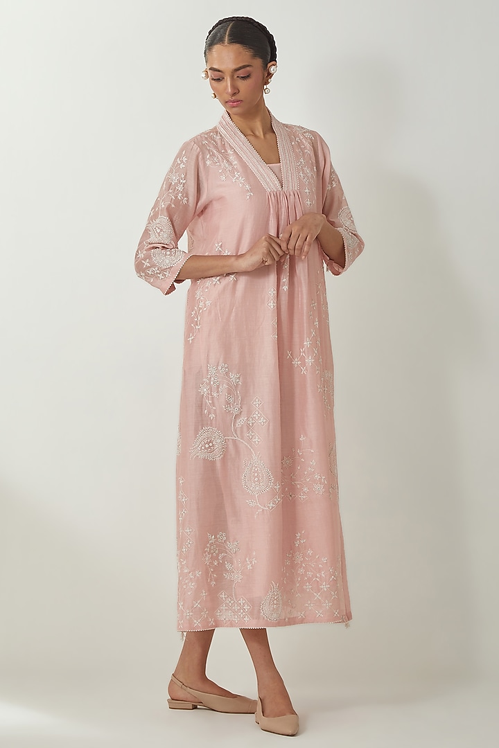 Pink Silk Chanderi Thread Embroidered Vacation Dress by Kora at Pernia's Pop Up Shop