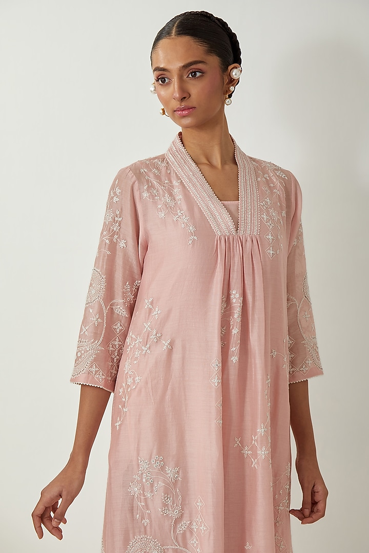 Pink Silk Chanderi Thread Embroidered Vacation Dress by Kora at Pernia's Pop Up Shop
