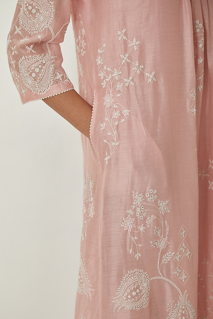 Pink Silk Chanderi Thread Embroidered Vacation Dress by Kora at Pernia's Pop Up Shop