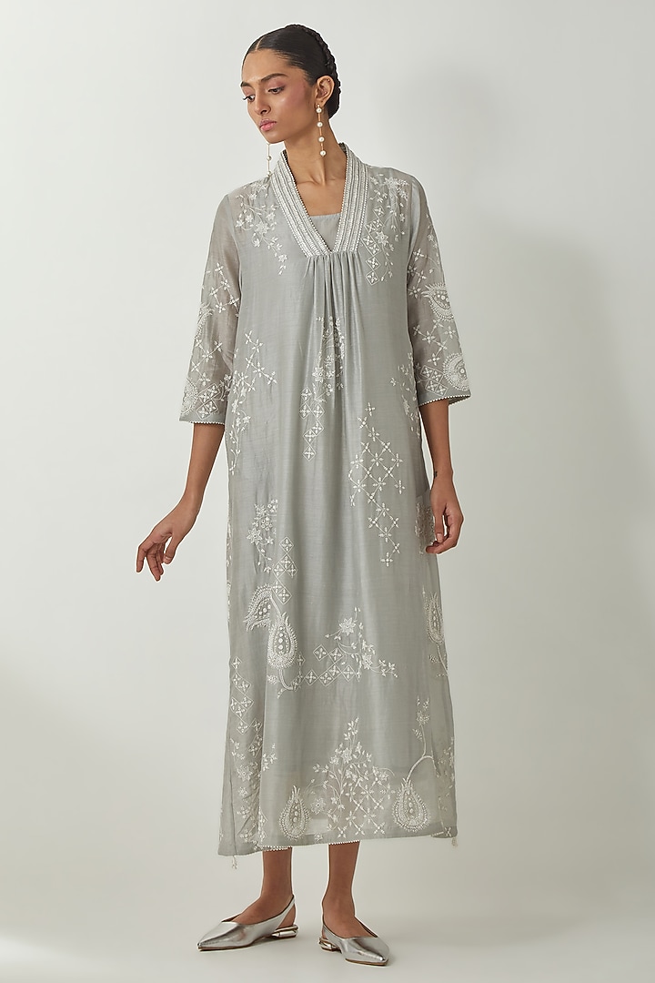 Bluish Grey Silk Chanderi Thread Embroidered Vacation Dress by Kora at Pernia's Pop Up Shop