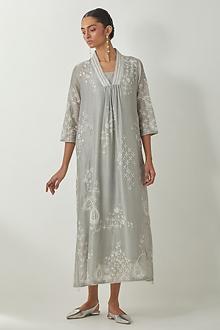 Bluish Grey Silk Chanderi Thread Embroidered Dress by Kora
