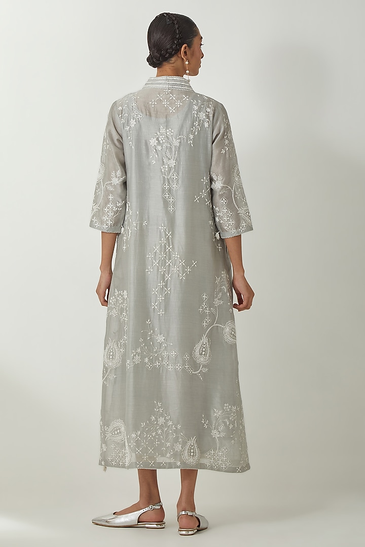 Bluish Grey Silk Chanderi Thread Embroidered Vacation Dress by Kora at Pernia's Pop Up Shop