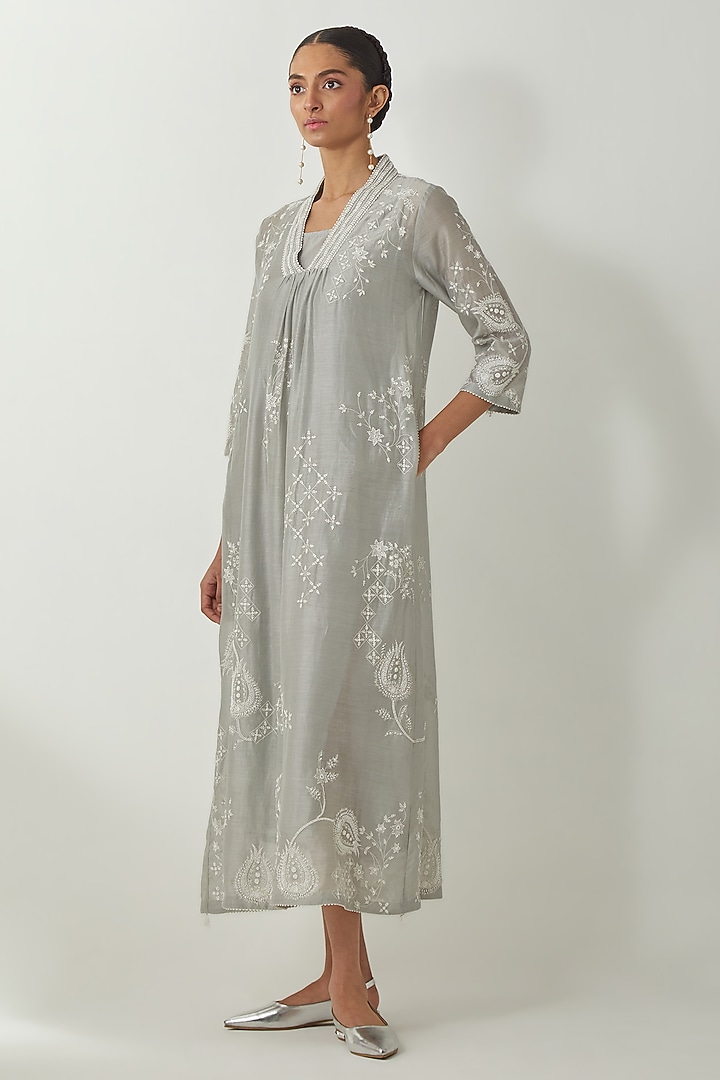 Bluish Grey Silk Chanderi Thread Embroidered Vacation Dress by Kora at Pernia's Pop Up Shop