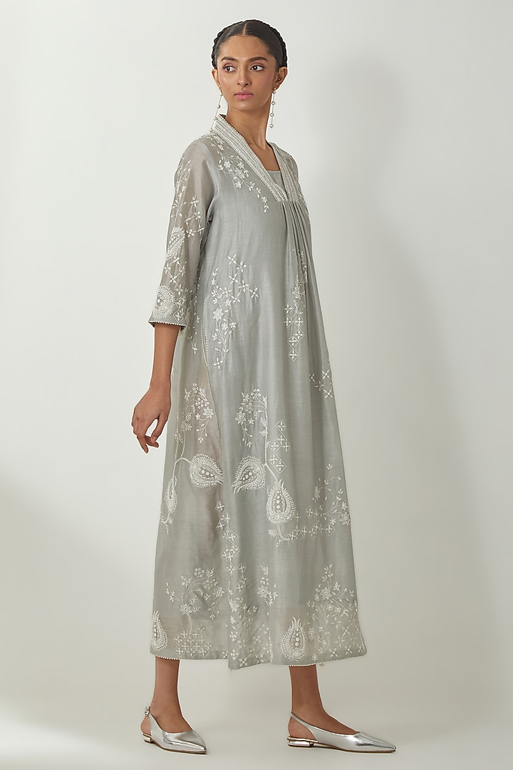 Bluish Grey Silk Chanderi Thread Embroidered Vacation Dress by Kora at Pernia's Pop Up Shop