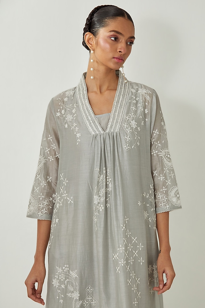 Bluish Grey Silk Chanderi Thread Embroidered Vacation Dress by Kora at Pernia's Pop Up Shop