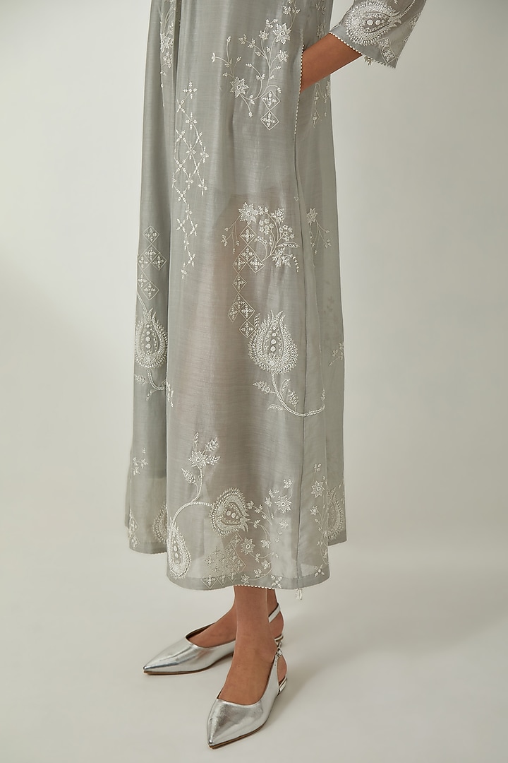 Bluish Grey Silk Chanderi Thread Embroidered Vacation Dress by Kora at Pernia's Pop Up Shop