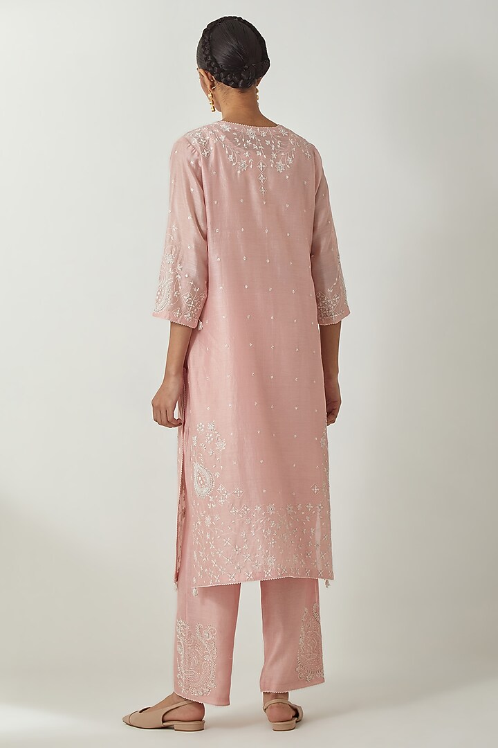 Pink Silk Chanderi Thread Embroidered Kurta Set by Kora at Pernia's Pop Up Shop