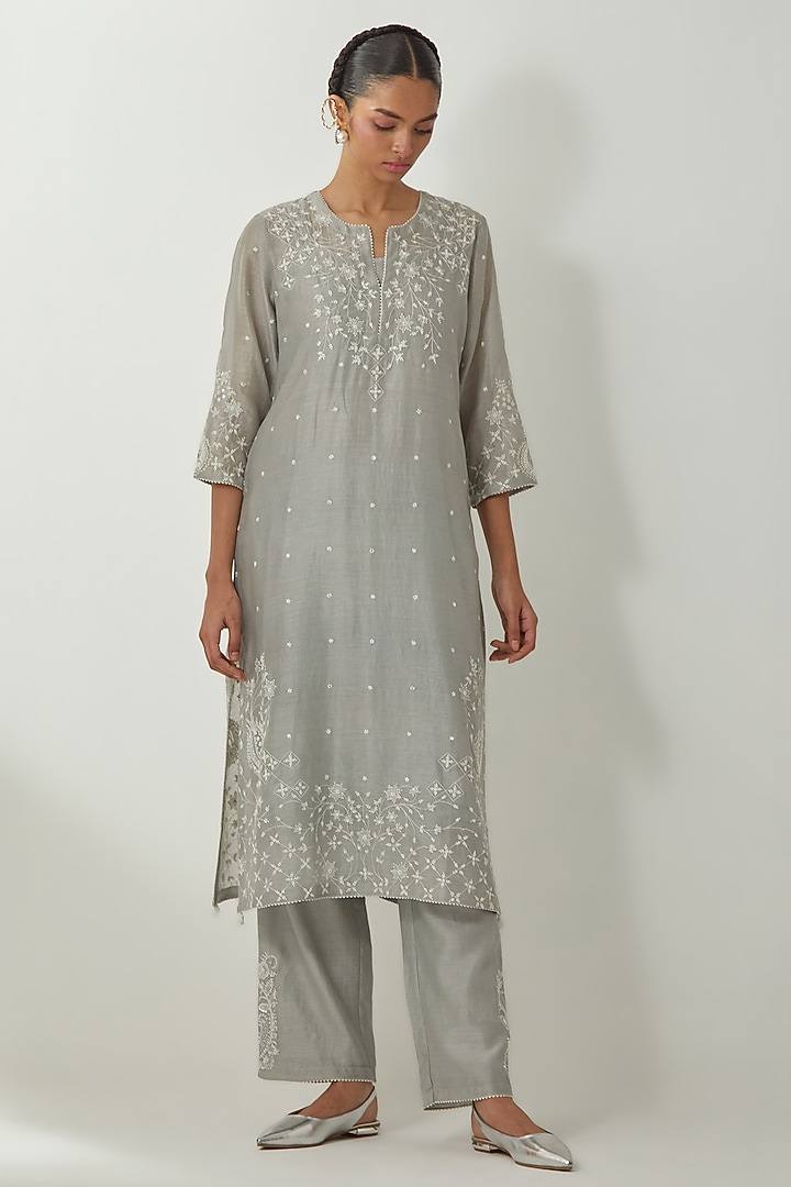 Bluish Grey Silk Chanderi Thread Embroidered Kurta Set by Kora at Pernia's Pop Up Shop