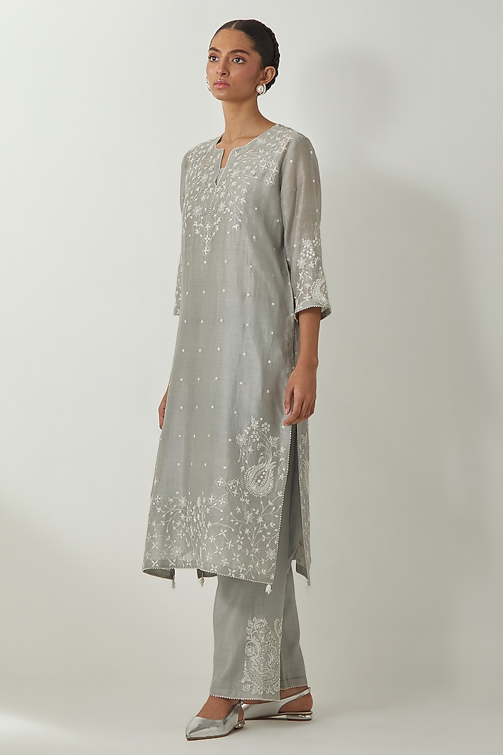 Bluish Grey Silk Chanderi Thread Embroidered Kurta Set by Kora at Pernia's Pop Up Shop