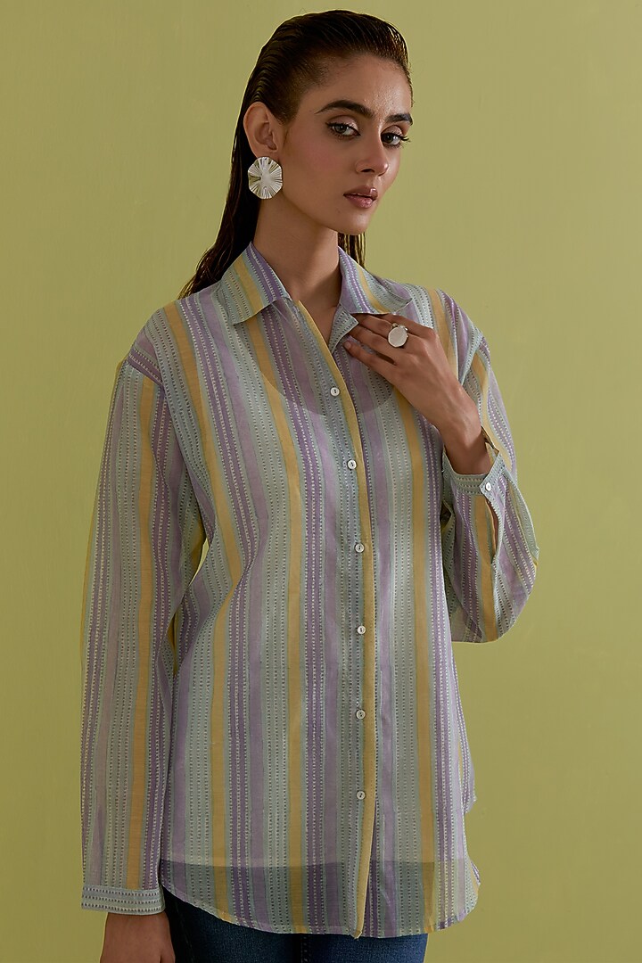 Off-White Cotton Chanderi Hand-Block Printed Shirt by Kora at Pernia's Pop Up Shop
